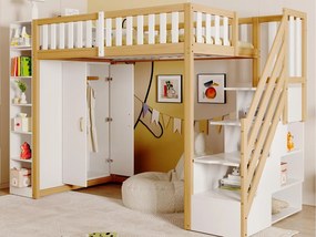 Łóżko drewniane na antresoli 90x200cm - z szafą, półkami i schodami do przechowywania - Białe