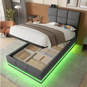 Łóżko z pojemnikiem 90x200 cm z oświetleniem LED i ładowaniem USB - szary welur (bez materaca)