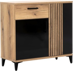 Komoda z Szufladą i Lamelami do Przedpokoju DYNAMO 88,5 cm Dąb evoke / czarny połysk Loft