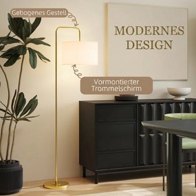 HOMCOM Lampa stojąca z włącznikiem nożnym, lampa podłogowa z materiałowym abażurem, stal, złota | Aosom PL