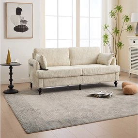 Sofa 2-osobowa w kolorze beżowym - Prosta sofa ze schowkiem i oświetleniem LED - port ładowania USB i drewniane nogi