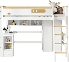 Łóżko piętrowe 90 x 200 cm z biurkiem, szafą i półkami do przechowywania - Sosna + MDF + sklejka - Biały i naturalny