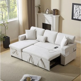 Rozkładana sofa narożna z funkcją spania - 90 x 180 cm - z miejscem do przechowywania i zintegrowaną półką - tkanina Oxford - biała