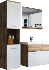 Zestaw mebli łazienkowych, komplet wiszący z umywalką, lustrem i słupkiem, korpus wotan fronty biały połysk