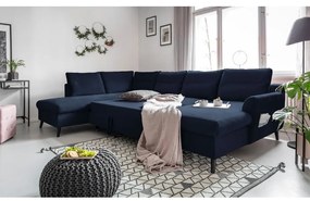 Ciemnoniebieska aksamitna rozkładana sofa w kształcie litery "U" Miuform Stylish Stan, lewostronna