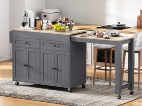 Wyspa kuchenna - z 4 drzwiami i 2 szufladami - rozsuwany blat - z kółkami - 180,5×45×92,2 cm - Szary