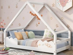 Łóżko domku 90x200 cm - z drewna sosnowego - z zabezpieczeniem przed upadkiem i stelażem lamelowym - Biały