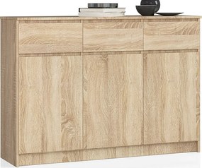Komoda AKORD K140 Dąb Sonoma 138 cm 3 drzwi 3 szuflady kolor Dąb Sonoma mat 6 półek 138x40x99 cm