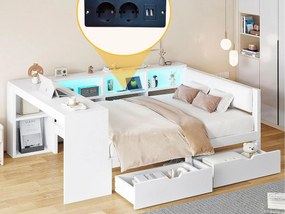 Łóżko dziecięce 140x200cm - z 2 szufladami i stacją ładowania - z kolorowymi światłami LED - białe (bez materaca)