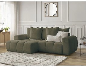 Rozkładany/ze schowkiem narożnik z materiału bouclé (lewostronny/z szezlongiem) w kolorze khaki Roxelane – Bobochic Paris