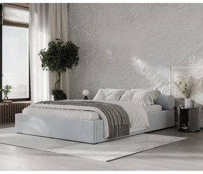 Jasnoszare tapicerowane łóżko dwuosobowe ze schowkiem ze stelażem 160x200 cm Solvo – Maison de Rêve