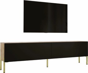 Szafka RTV: Dąb Wotan / Czarny Mat, nogi złote, 170 x 52 x 32 cm