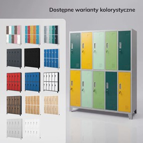 Szafa BHP ubraniowa 10-drzwiowa szaro-zielono-żółta: BARTEK 1360 x 1720 x 450 mm