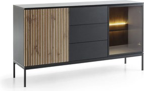 Nowoczesna komoda szeroka z szufladami i frezowanym frontem 154×83×39 cm, w kolorze Czarny / Dąb Wotan