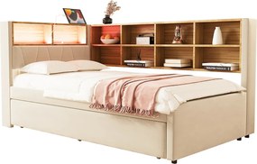 Łóżko dzienne 90 x 200 cm - Łóżko wysuwane 90 x 190 cm z oświetleniem LED i dużą ilością miejsca do przechowywania - beżowa flanela