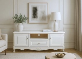 Stylowa szafka pod telewizor Anastasia, w kolorze ecru, wymiary 160x60 cm. Szafka rtv ma cokół z motywem róży, ornamentowe gałki. Francuski styl, kolekcja La Perle.