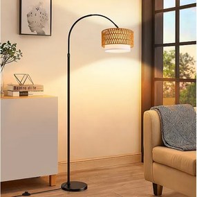 Lampa podłogowa Nettlife w stylu boho z rattanu w kształcie łuku – vintage, ściemnialna z pilotem, żarówka LED E27 9 W, wysokość 165–180 cm, obrotowa, czarna