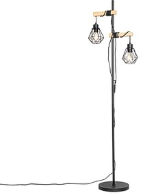 Lampa podłogowa rustykalna czarna z drewnem 2-światłowa - Chon Rustykalny / Vintage Oswietlenie wewnetrzne