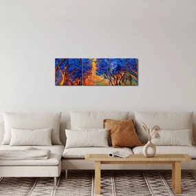 Obraz - Jesienne korony drzew, nowoczesny impresjonizm (z zegarem) (90x30 cm)
