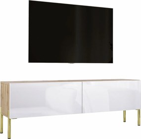 Szafka RTV: Dąb Wotan / Biały Połysk, nogi złote, 140 x 52 x 32 cm