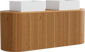 Podwieszana szafka łazienkowa z drewna tekowego z podwójną kwadratową umywalką nablatową - Jasny naturalny - 150 cm - TOWARI