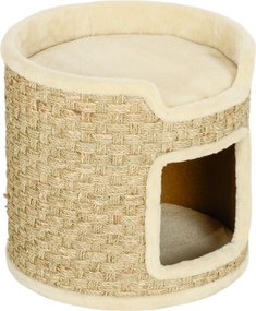 PawHut Drapak dla Kota, Strefa Zabawy i Relaksu, Plusz, Φ38 x 37H cm, Khaki-Beż, do 5 kg