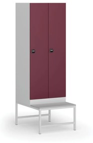 Szafka ubraniowa z ławką, 2-drzwiowa, 1875 x 600 x 500/800 mm, zamek RFID, drzwi czerwone