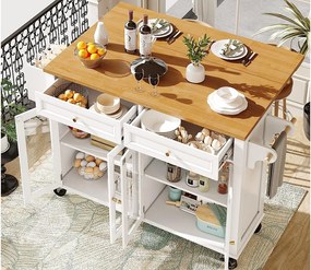 Mobilna wyspa kuchenna - Rozsuwany blat - 140x72.5x90 cm - 2 szuflady i 4 szklane drzwi - z wieszakiem na ręczniki - Biały