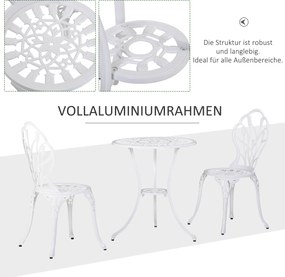 Outsunny Stylowy Zestaw Mebli Balkonowych 3-częściowy - Aluminium, Biały Kolor, 2 Krzesła, Stół z Otworem na Parasol