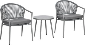 Outsunny Zestaw mebli ogrodowych, 2 krzesła &amp; 1 stolik z blatem szklanym, imitacja rattanu, odporny na warunki atmosferyczne, stalowy stelaż, szary