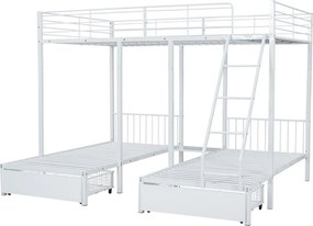 Łóżko piętrowe dla 3 dzieci z 2 szufladami - 140x200cm i 2x90x200cm - rama z materacem - Białe (materac nie jest w zestawie)