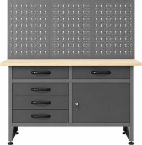 Stół warsztatowy z drewnianym blatem i perforowanym panelem Stal - szer. 120 x gł. 60 x wys. 145 cm - Szary BRICANO