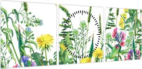 Obraz - Malowane kwiaty łąkowe (z zegarem) (90x30 cm)