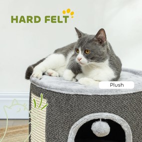 PawHut Kocia jaskinia, 2 poziomy, Domek dla kota, Plusz, Poduszki, Panel drapujący z sizalu, Φ40 x 30H cm, Ciemnoszary