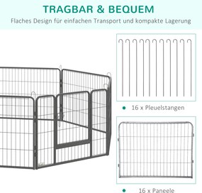 PawHut kojec dla psa, płot dla szczeniąt, dla psa na zewnątrz, krata z 2 drzwiami stalowo-szarymi, 16 segmentów 60 cm wysokości