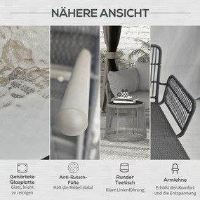 Outsunny 3-częściowy zestaw mebli ogrodowych z rattanu, komplet wraz z poduszkami, zestaw ogrodowy z 1 stolikiem, 1 leżakiem, 1 sofą dwuosobową, zestaw wypoczynkowy do ogrodu, tarasu, stal, jasnoszary