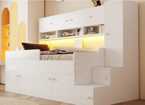 Łóżko dziecięce 90x200cm - z miejscem do przechowywania - z półkami - z szafą - z oświetleniem LED - Biały​ (materac nie jest wliczony w cenę)