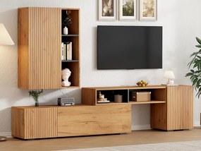 Zestaw mebli TV 2-częściowy - regulowane meble TV + meble ścienne - 4 drzwi - otwarte półki - naturalny+czarny