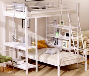 Łóżko piętrowe 90X200cm - Z wieloma schowkami - Metalowa konstrukcja - Z drabiną bezpieczeństwa - Z barierką - Białe (bez materaca)