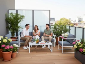 Komplet mebli ogrodowych (duża 3os. sofa, 2 x fotel + stolik) MOSTRARE białe aluminium, szare poduchy