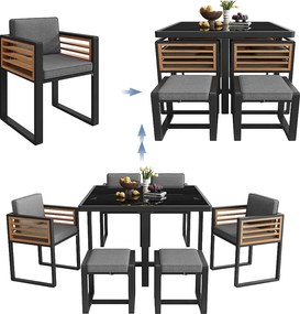 Zestaw jadalniany ogrodowy na 4-6 osób, 1 stół jadalniany z blatem szklanym, z żelaza ocynkowanego, 4 fotele, 2 taborety, szary