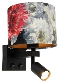 Lampa ścienna czarna z lampką do czytania i kloszem 18 cm kwiatowym - Brescia
