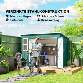 Outsunny Metalowy schowek do przechowywania narzędzi ogrodowych, z oknem, szerokie drzwi, 260 x 177 x 190 cm, zielony | Aosom PL