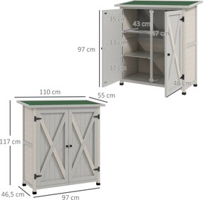 Outsunny Szafka na Narzędzia z Drewna z 2 Drzwiami, Szopa z Dachem z Asfaltu, 110 x 55 x 117 cm, Jasnoszary