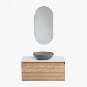 Zestaw Wiszących Mebli Łazienkowych Z Drewna Jesionowego Tedrik Popielaty Brąz & Okrągły Szary Cement Ø40 Cm Tarsis - Sklum