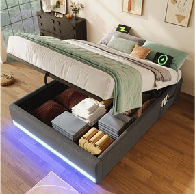 Łóżko tapicerowane z pojemnikiem - 90 x 200 cm - z diodami LED + USB + Type-C - bez zagłówka - len + płyta MDF - szare