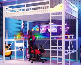 Łóżko na antresoli 140x200 cm - Oświetlenie LED - Wbudowane biurko - 1 port USB + 1 port Type-C + 2 gniazdka elektryczne - Biały​ (materac nie jest wliczony w cenę)