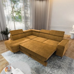 Masseno Narożnik ALVORO z funkcją spania i pojemnikiem na pościel Narozniki L, Rozkładana sofa - Żółty, MONOLITH 48