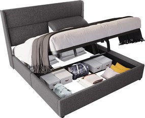 Łóżko tapicerowane dwuosobowe z pojemnikiem - 160 x 200 cm - z regulowanymi zagłówkami - z materacem - len - szare