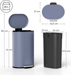 HOMCOM Kosz na śmieci do kuchni 30 l kosz na pedał z pokrywą soft-close, pedał, metalowy, szary, 36,5 X 31 x 61 cm | Aosom PL